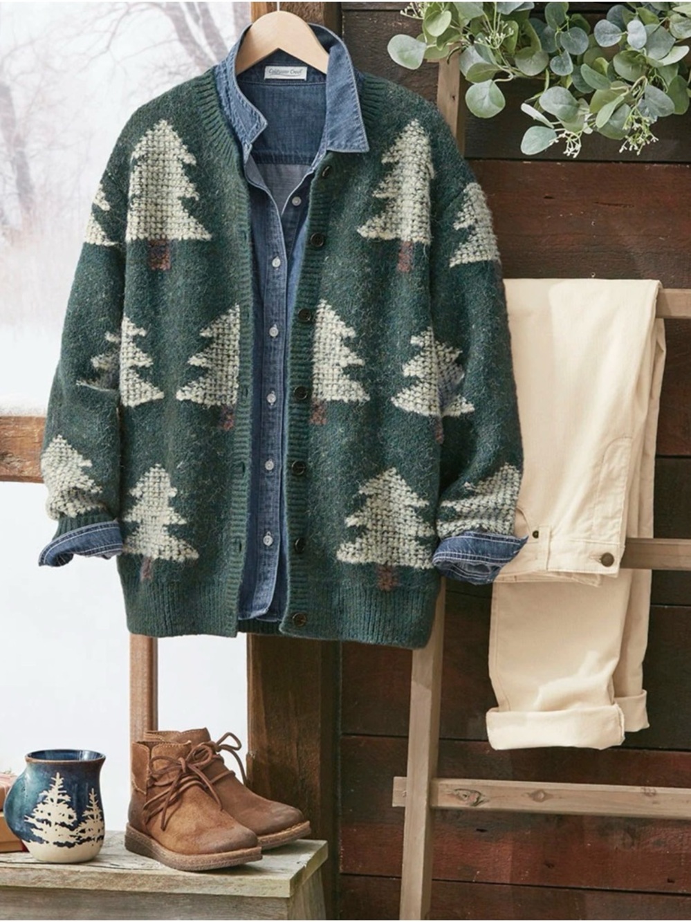 Coldwater Creek Evergreen Cardigan Sweater Jacquard Tree Motif Size L Like New - Picture 6 of 6